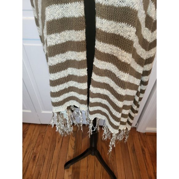 Olive/Ivory Stripe Sweater Cashmere/Cotton Blend Fringe S/M Boho Neutral n - Picture 4 of 8